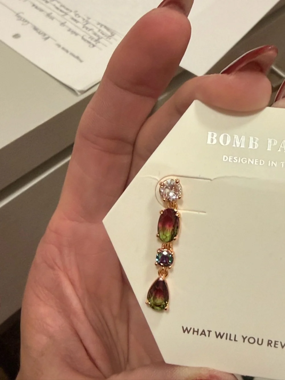 BOMB PARTY Gold-Tone Green & Iridescent Drop Earrings - Picture 8 of 8